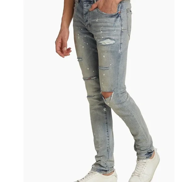 Purple Brand Slim Fit Low Rise Distressed Paint Splatter Jeans 34 New With Tags